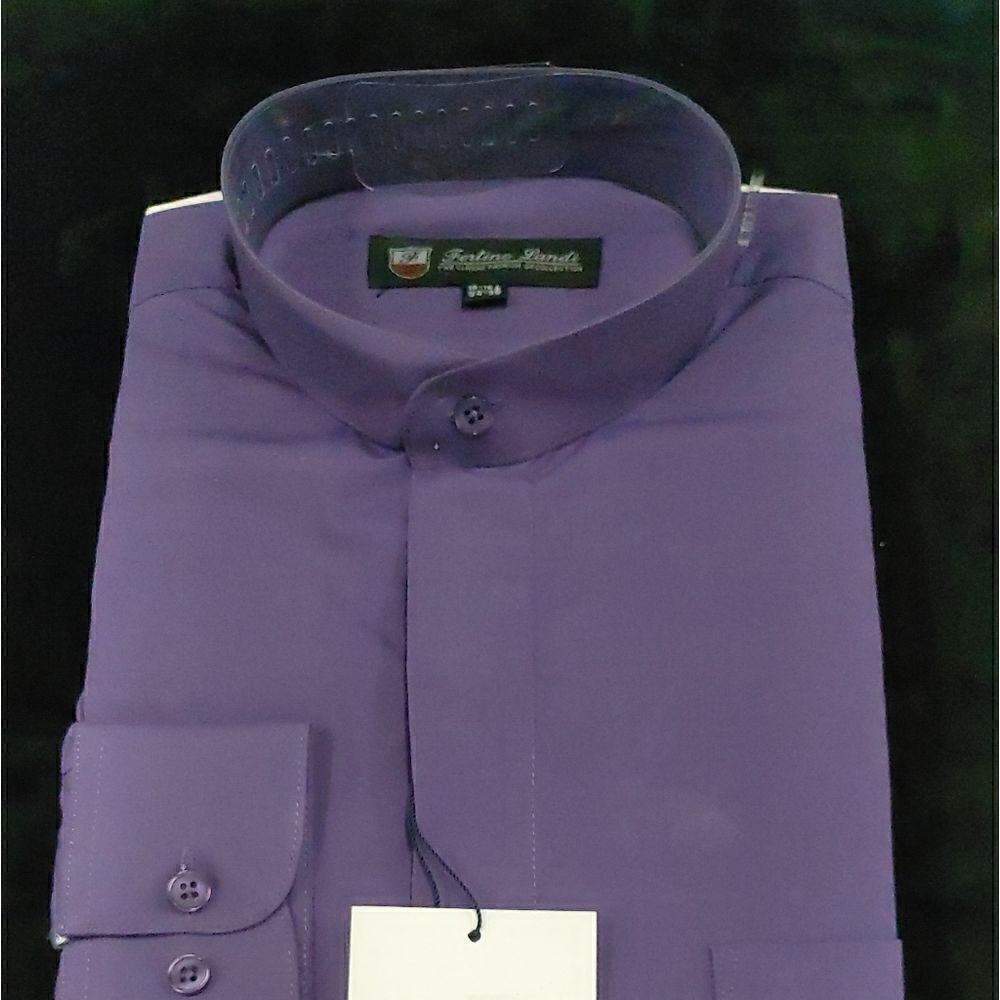 MEN'S FORTINO LANDI PURPLE BANDED COLLAR DRESS SHIRT. REGULAR FIT.